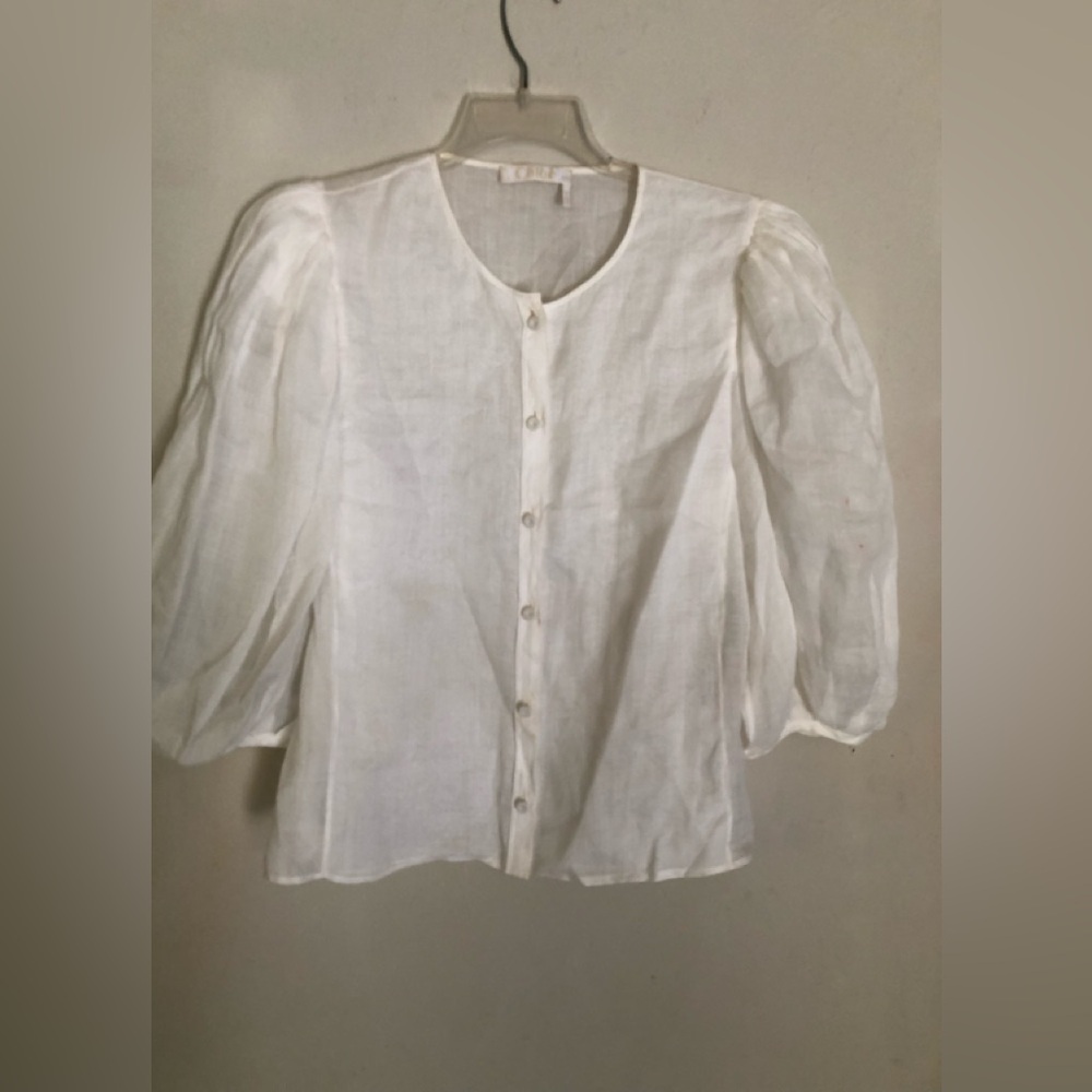 Elegant Chloe White Button-Up Puffy Sleeve Blouse Size 42